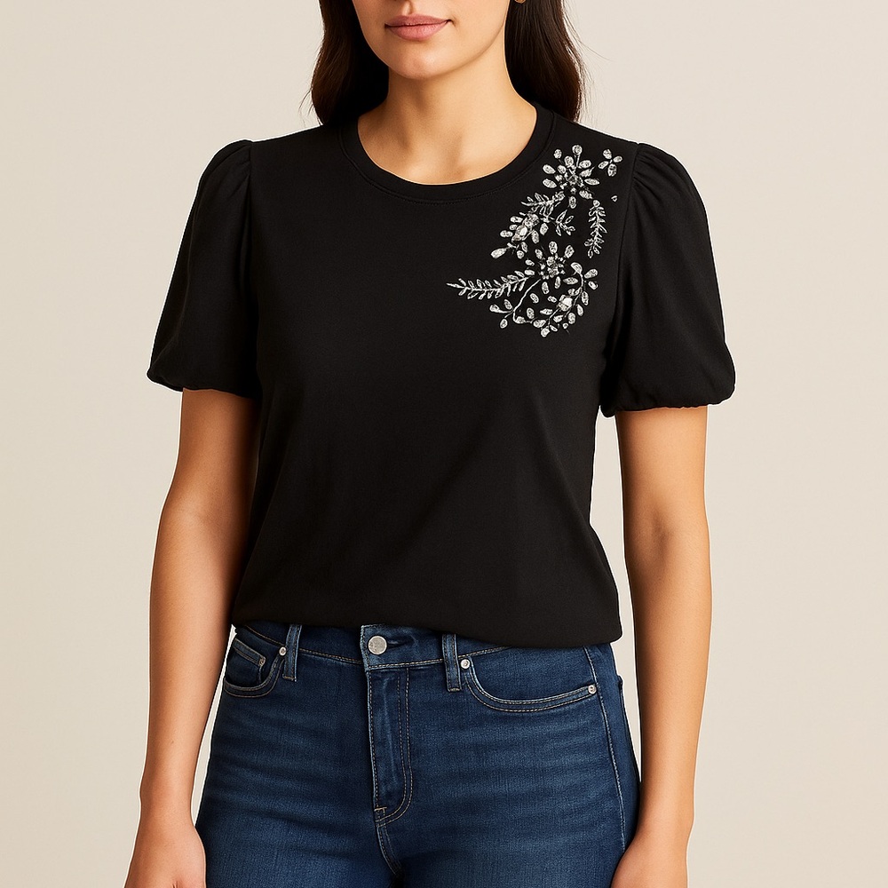 LOFT Black Puff Sleeve Tee with White stones Embroidery